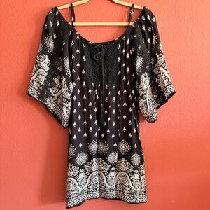 Angie Women’s Black & Beige Boho Mini Dress with Crochet & Tassel Details